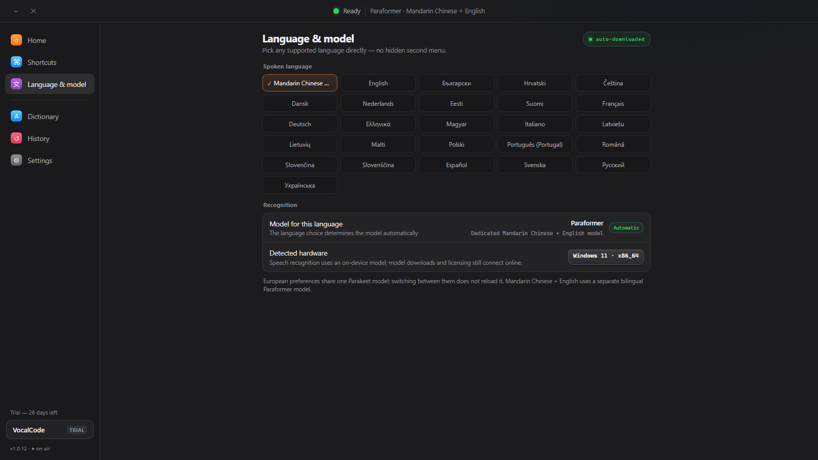 On-device language and speech recognition model choices in VocalCode.