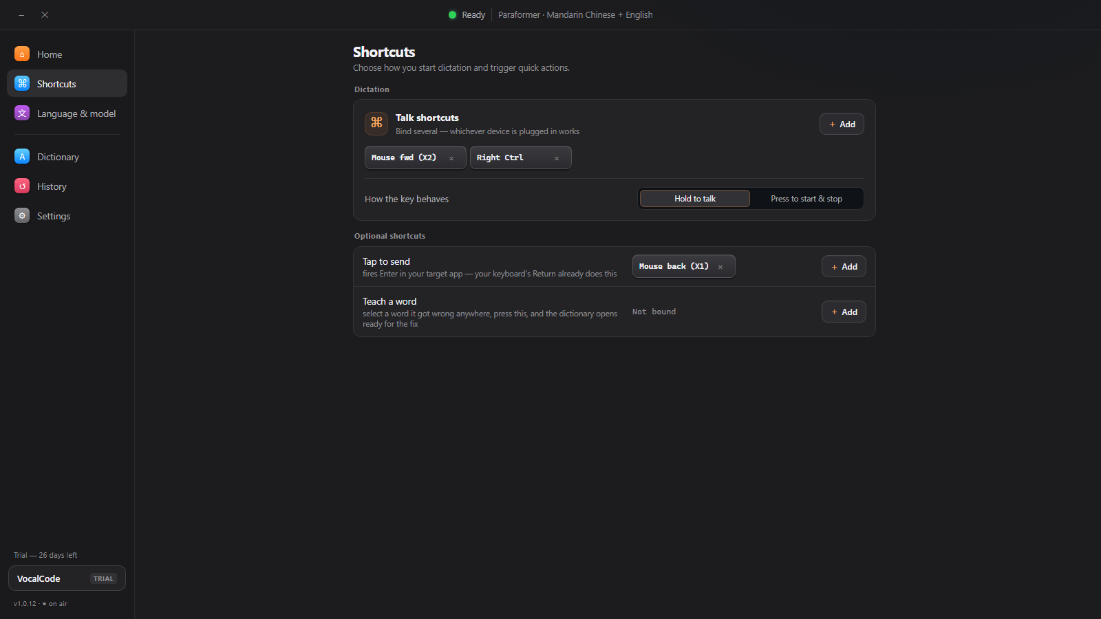 Push-to-talk shortcut settings in VocalCode with keyboard and mouse bindings.